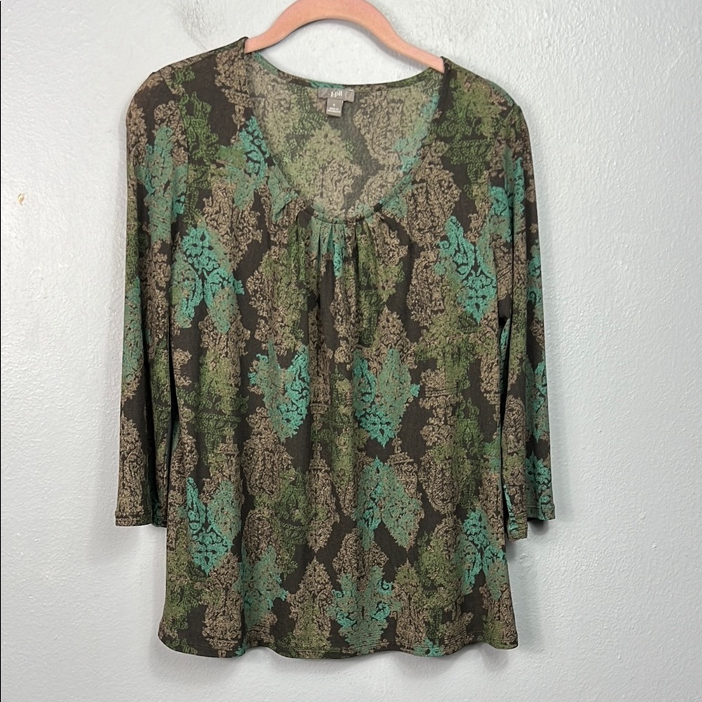 J. Jill Brown Green Allover Print 3/4 Sleeve Pleated Scoop Neck Top Blouse Small